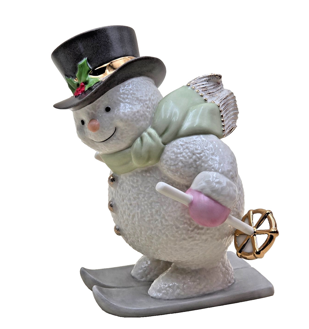 Lenox Snowy Skier Porcelain Snowman Figurine 6.75" Ivory 24K Gold Accents in Box